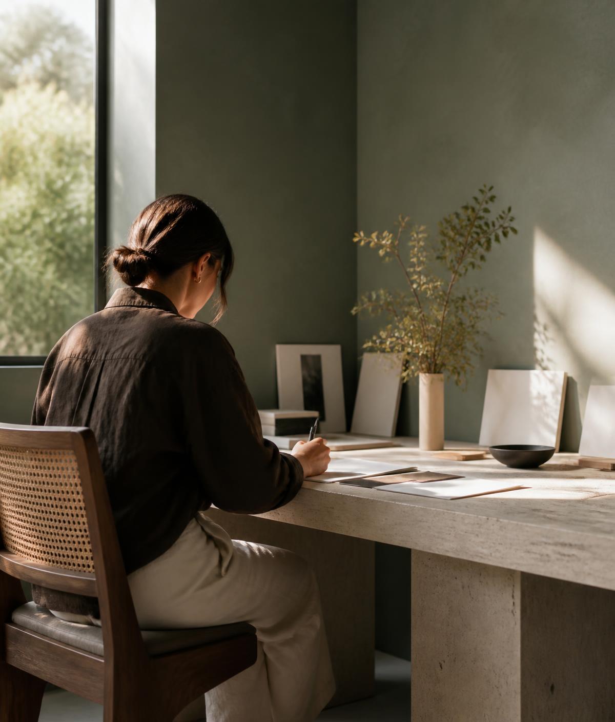 Sabrina Wellard working at a desk in daylight