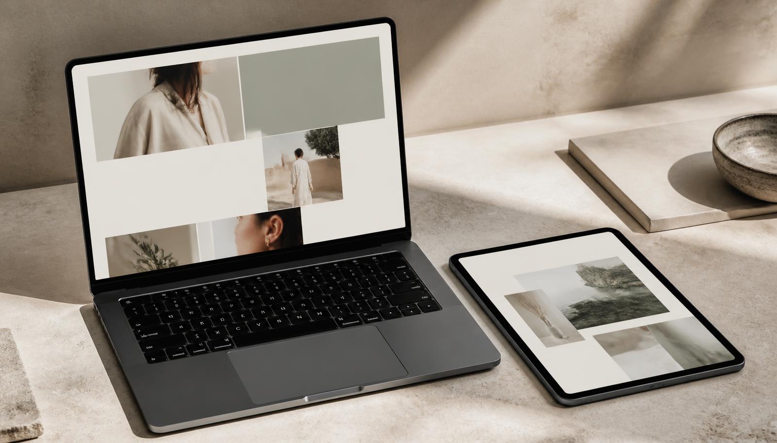 Agency website layouts arranged on a pale studio surface