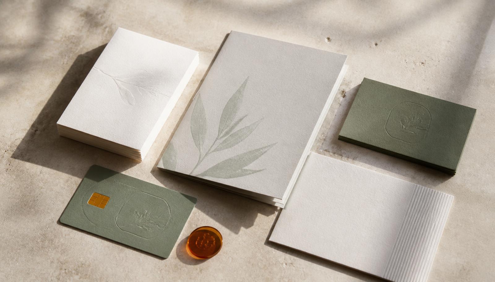 Printed brand collateral for a membership platform on a pale surface